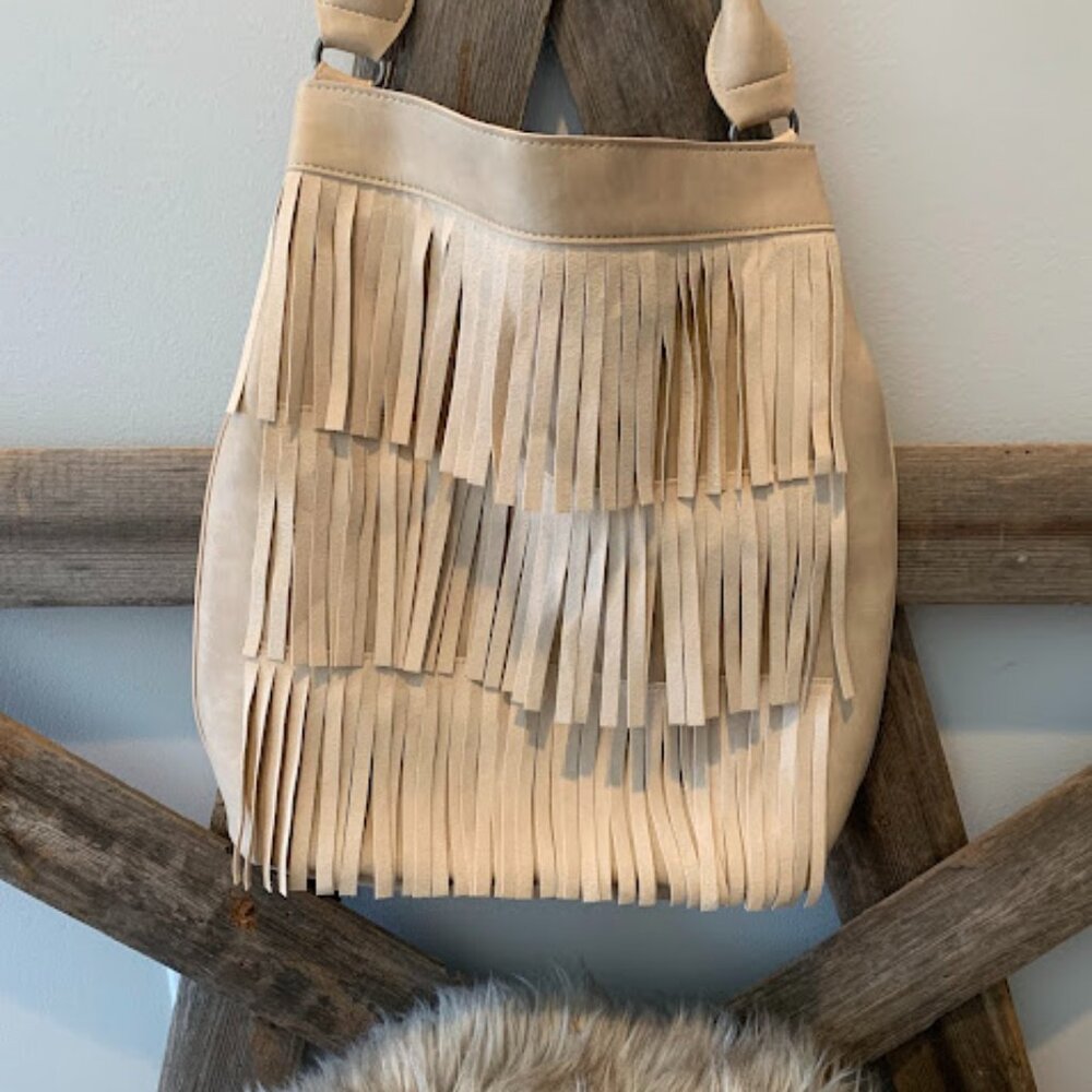Bohemian 3-tier Fringe handbag, soft tan.
